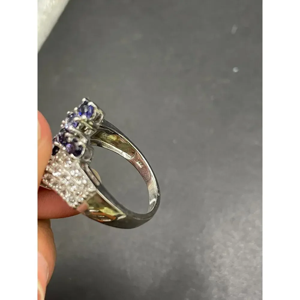 Sterling Silver 925 Blue Sapphire Zircon Cluster Statement Ring Size 10.25
